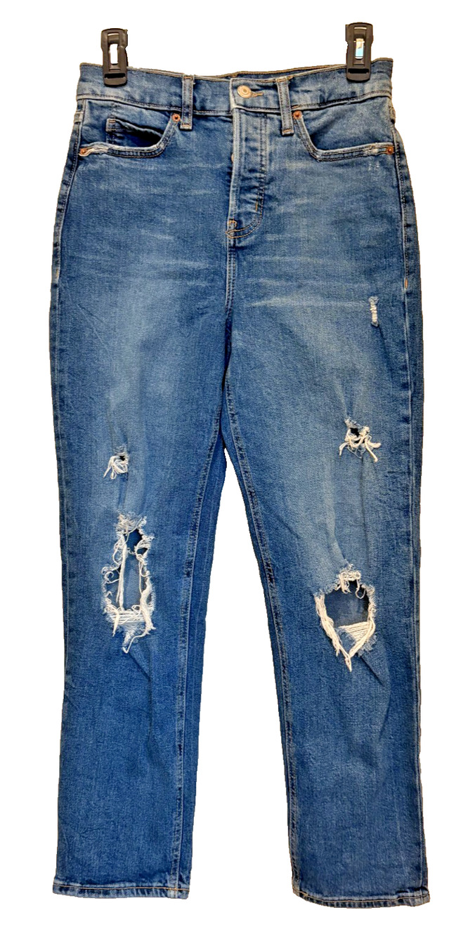 Old Navy Blue Sky-Hi Straight Extra High Rise Button Fly Distressed Jeans Sz 4